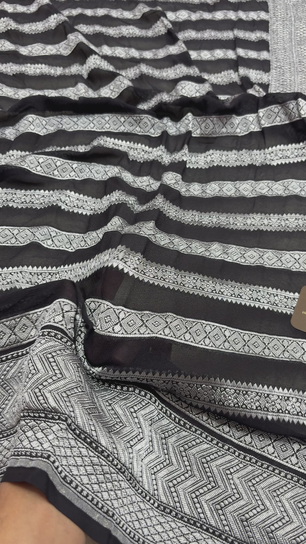 Black Pure Khaddi Georgette Silk handloom Banarasi Saree - Water Zari