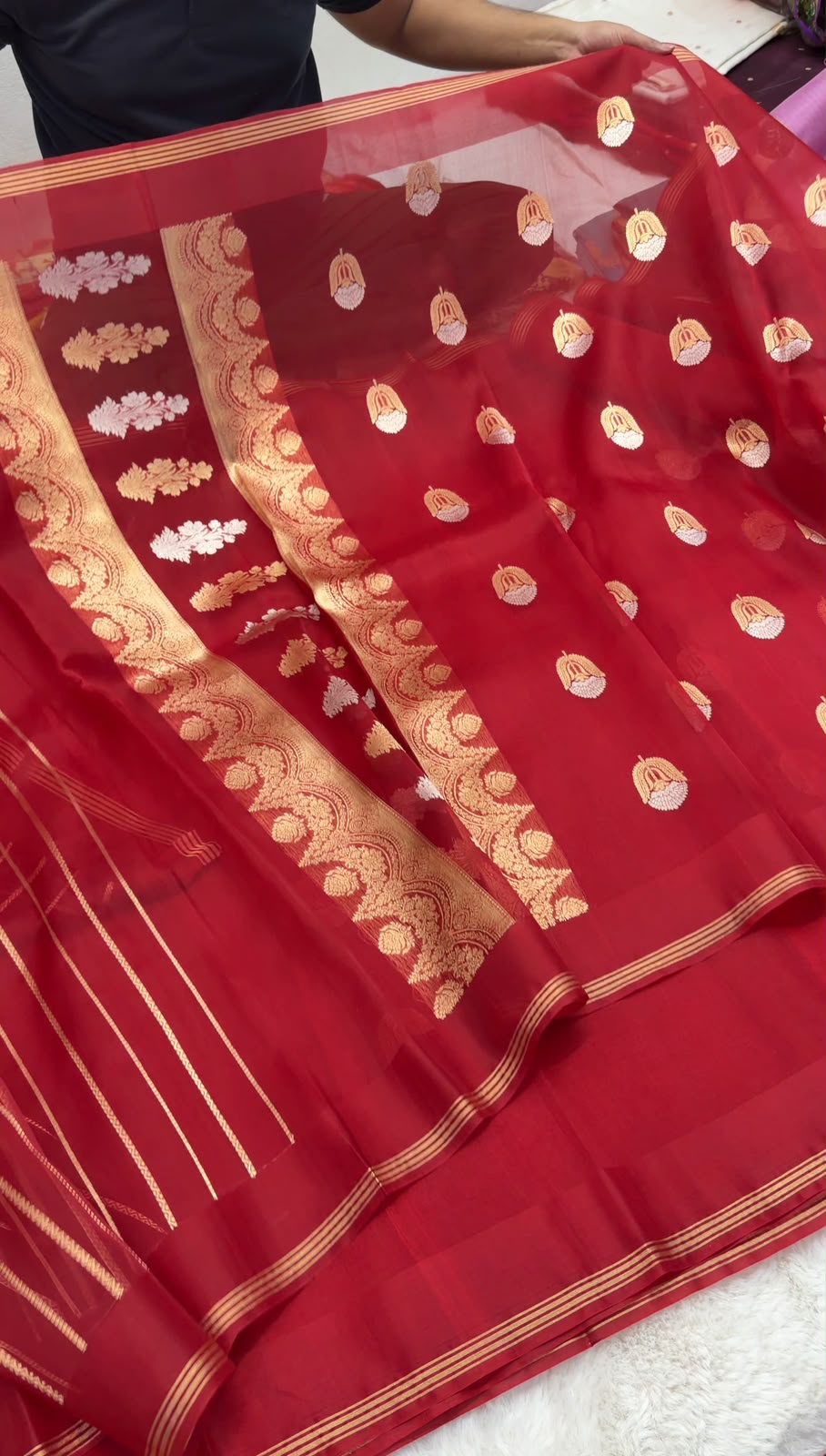 Regal Red Pure Kora Silk Handloom Banarasi Saree - All Over Kadhua Motifs
