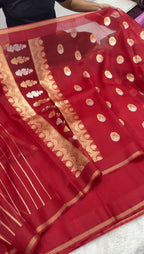 Regal Red Pure Kora Silk Handloom Banarasi Saree - All Over Kadhua Motifs