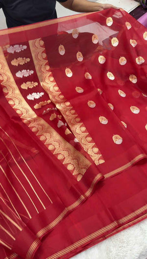 Regal Red Pure Kora Silk Handloom Banarasi Saree - All Over Kadhua Motifs