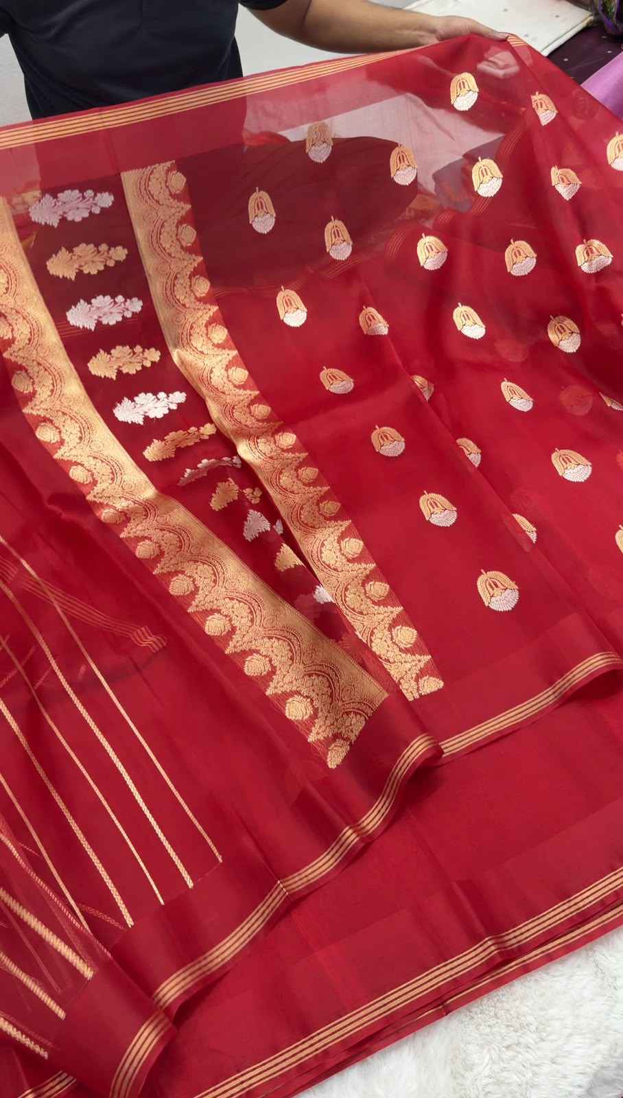 Regal Red Pure Kora Silk Handloom Banarasi Saree - All Over Kadhua Motifs