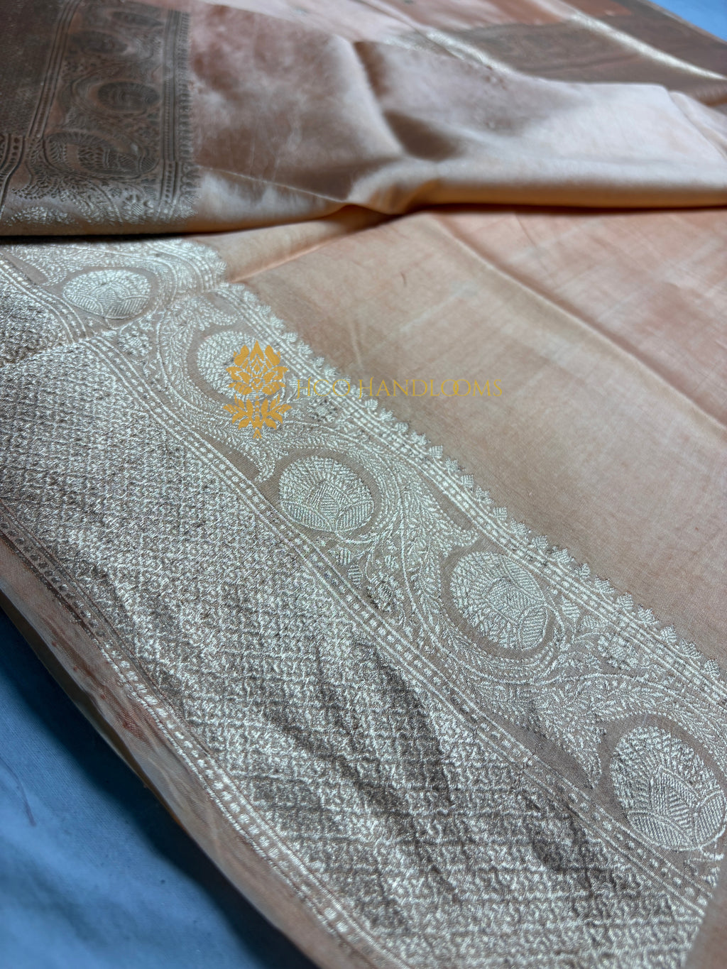 Peach Pure Mango Katan Silk Handloom Banarasi Saree - All Over Kadhua Motifs