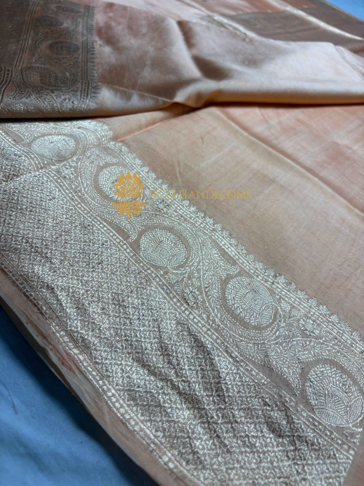 Peach Pure Mango Katan Silk Handloom Banarasi Saree - All Over Kadhua Motifs