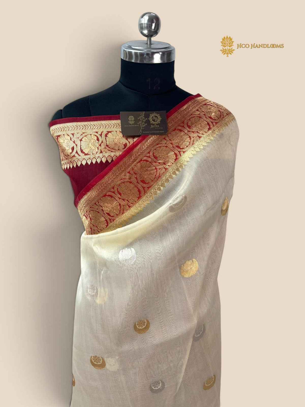 Pure Kora Silk Handloom Banarasi Saree - All Over Kadhua Chaand Tara Motifs