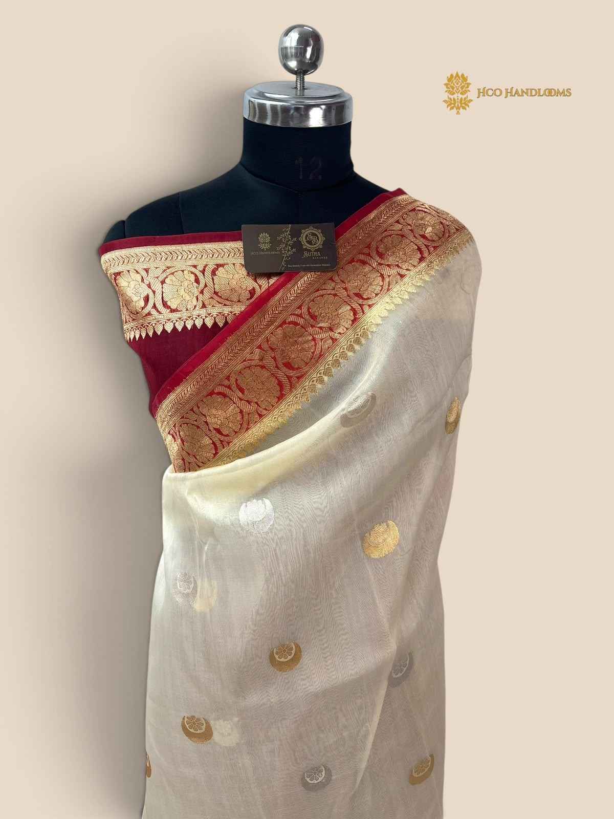 Pure Kora Silk Handloom Banarasi Saree - All Over Kadhua Chaand Tara Motifs