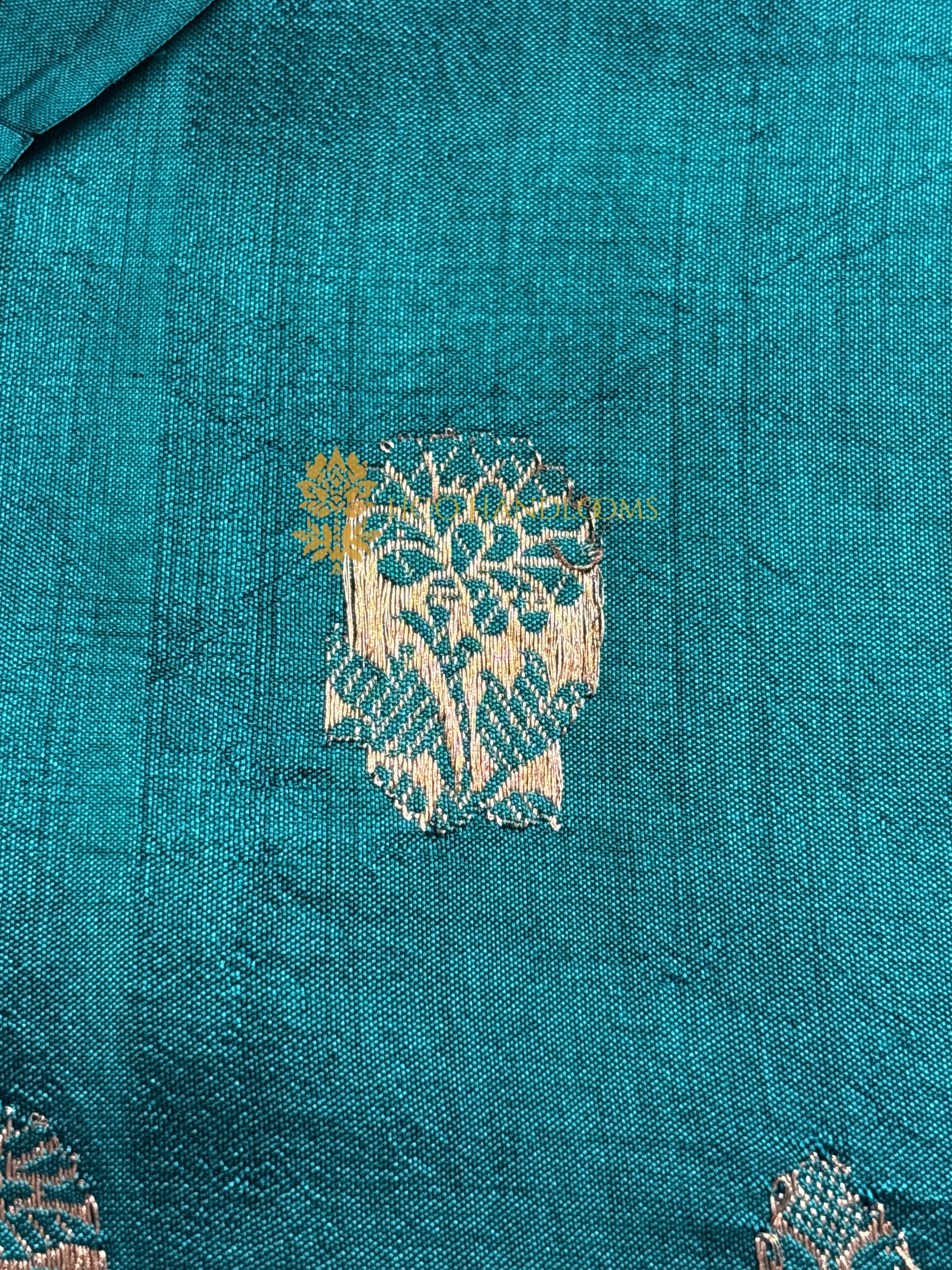 Teal Green Pure Mango Katan Silk Handloom Banarasi Saree - All Over Floral Motifs