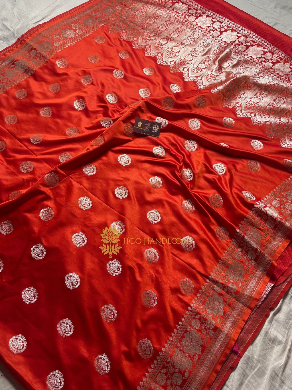 Orangey Red Premium Mashru Katan Silk Boota Banarasi Saree