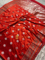 Orangey Red Premium Mashru Katan Silk Boota Banarasi Saree