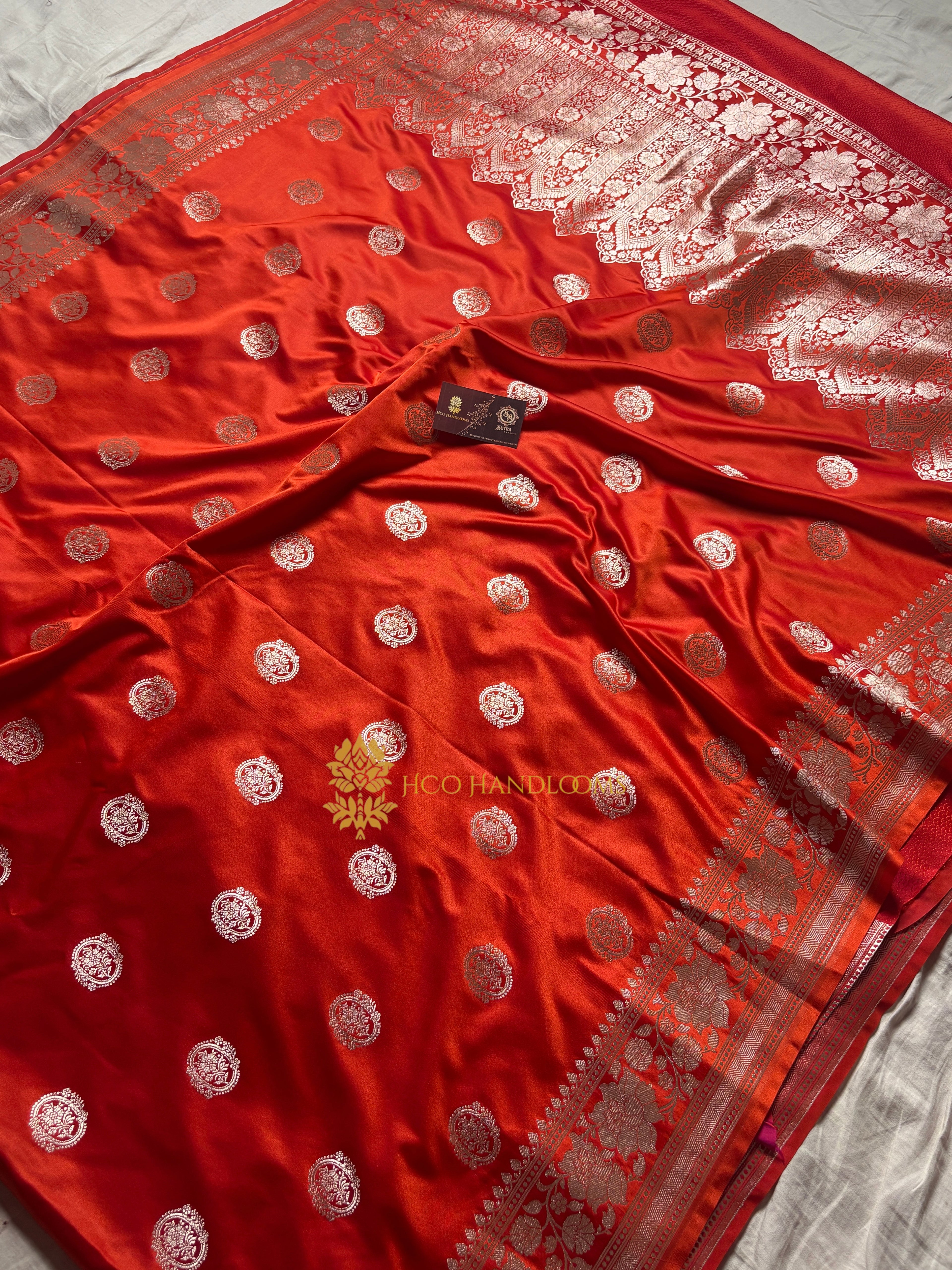 Orangey Red Premium Mashru Katan Silk Boota Banarasi Saree