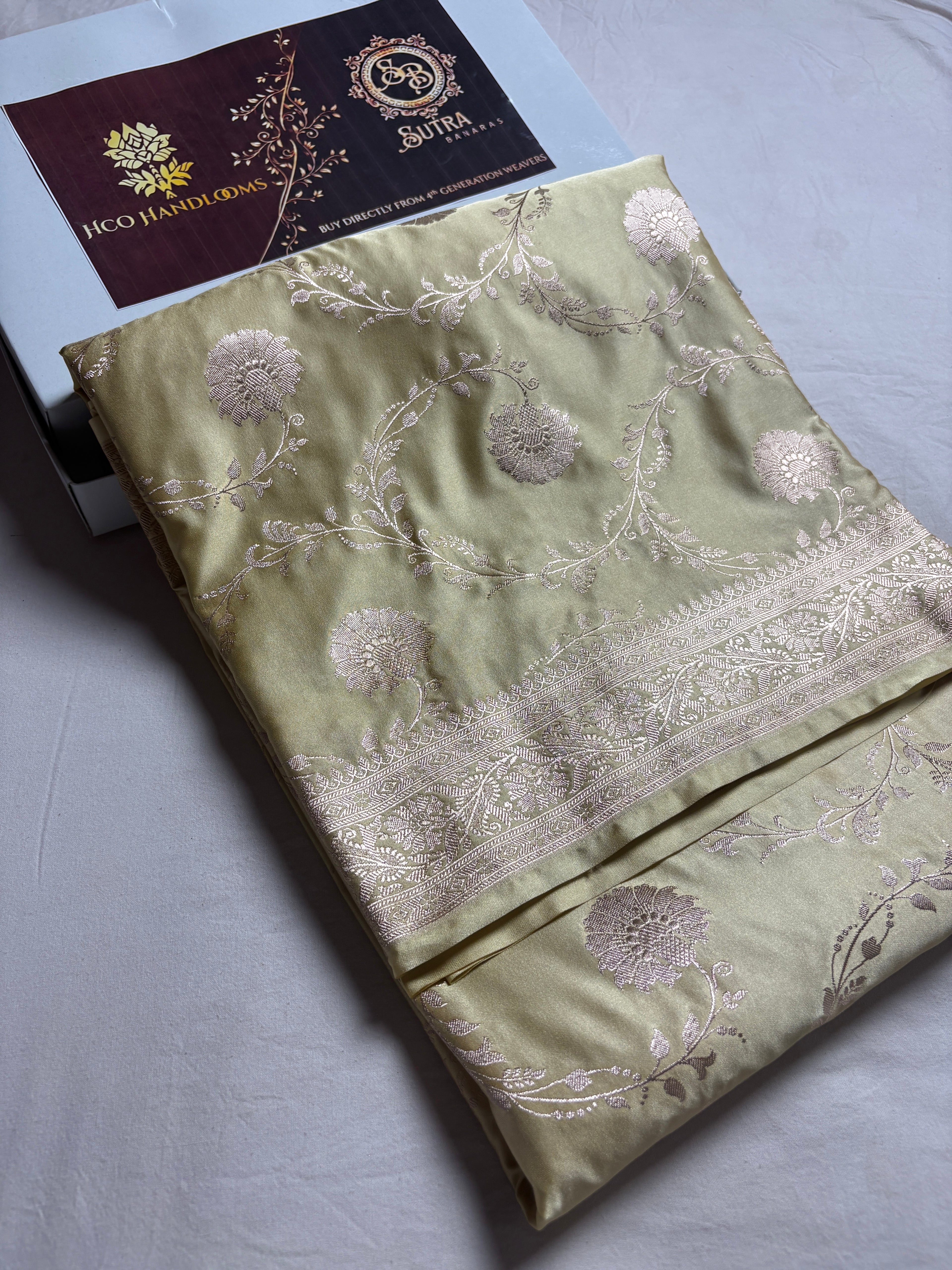 Premium Mashru Katan Silk Jangla Floral Banarasi Saree