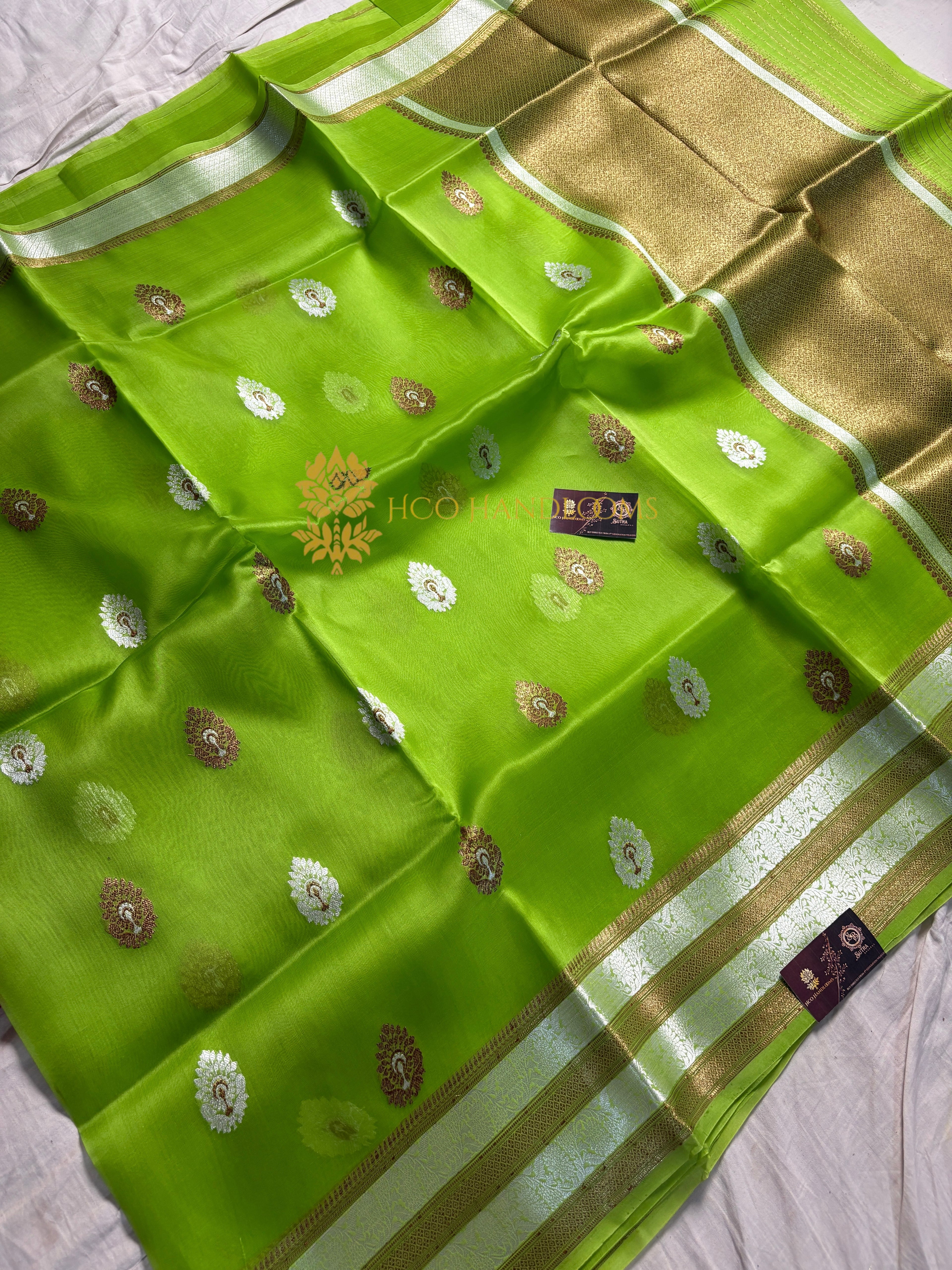 Green Pure Kora Silk Handloom Banarasi Saree - All Over Kadhua Motifs