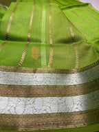Green Pure Kora Silk Handloom Banarasi Saree - All Over Kadhua Motifs