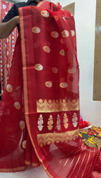 Regal Red Pure Kora Silk Handloom Banarasi Saree - All Over Kadhua Motifs