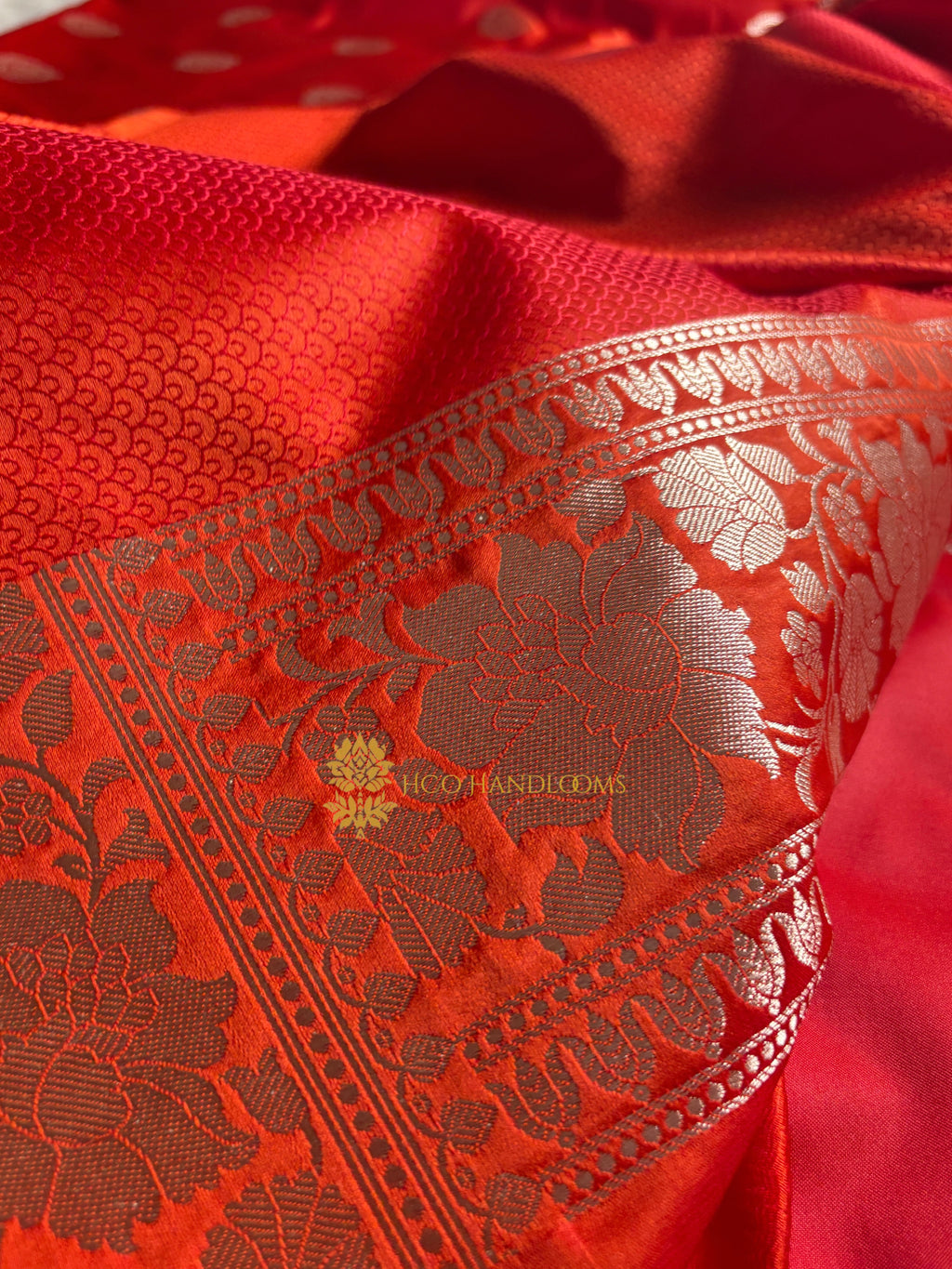 Orangey Red Premium Mashru Katan Silk Boota Banarasi Saree