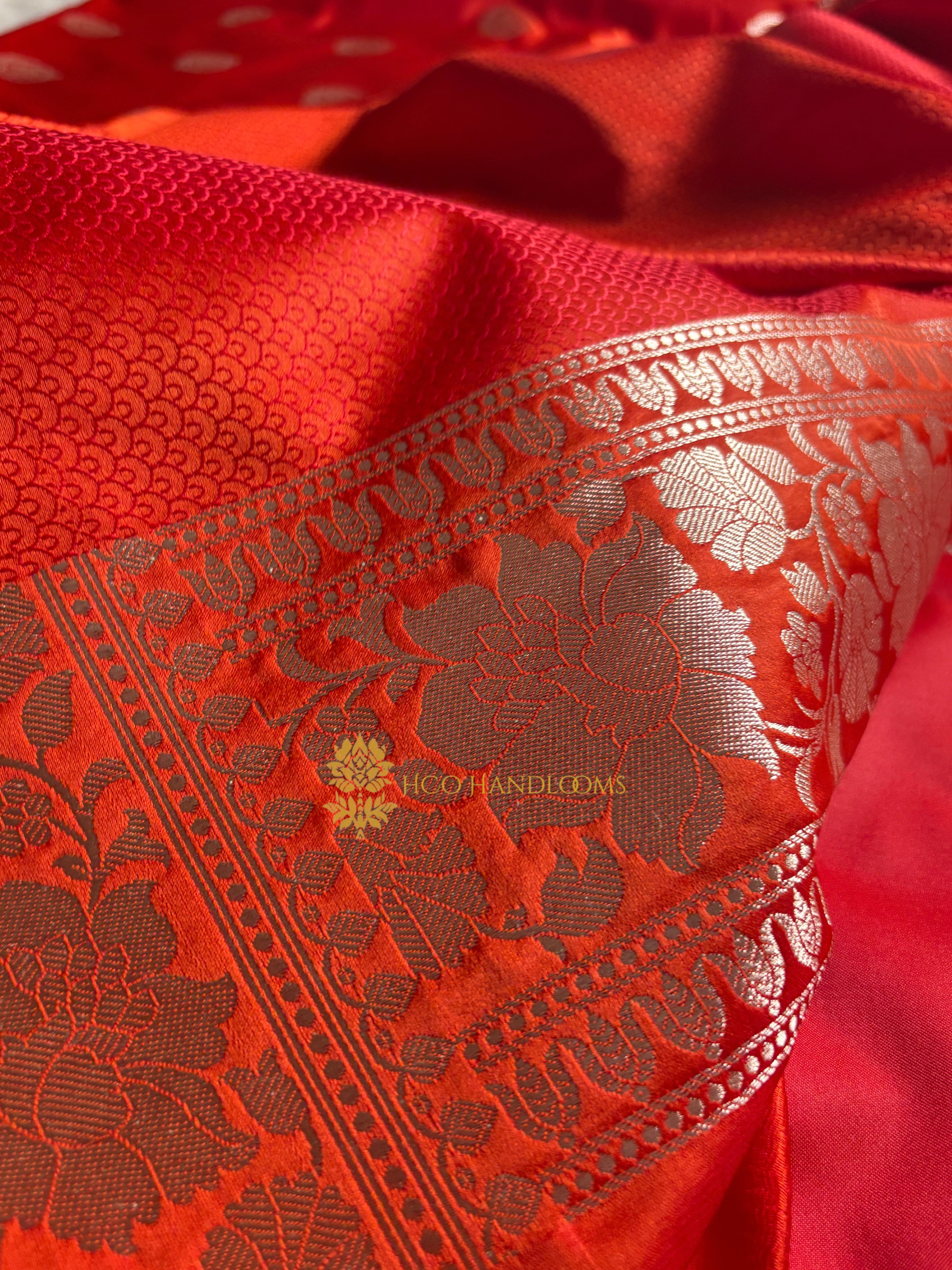 Orangey Red Premium Mashru Katan Silk Boota Banarasi Saree