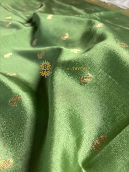 Light Green Pure Mango Katan Silk Handloom Banarasi Saree - All Over Kadhua Motifs