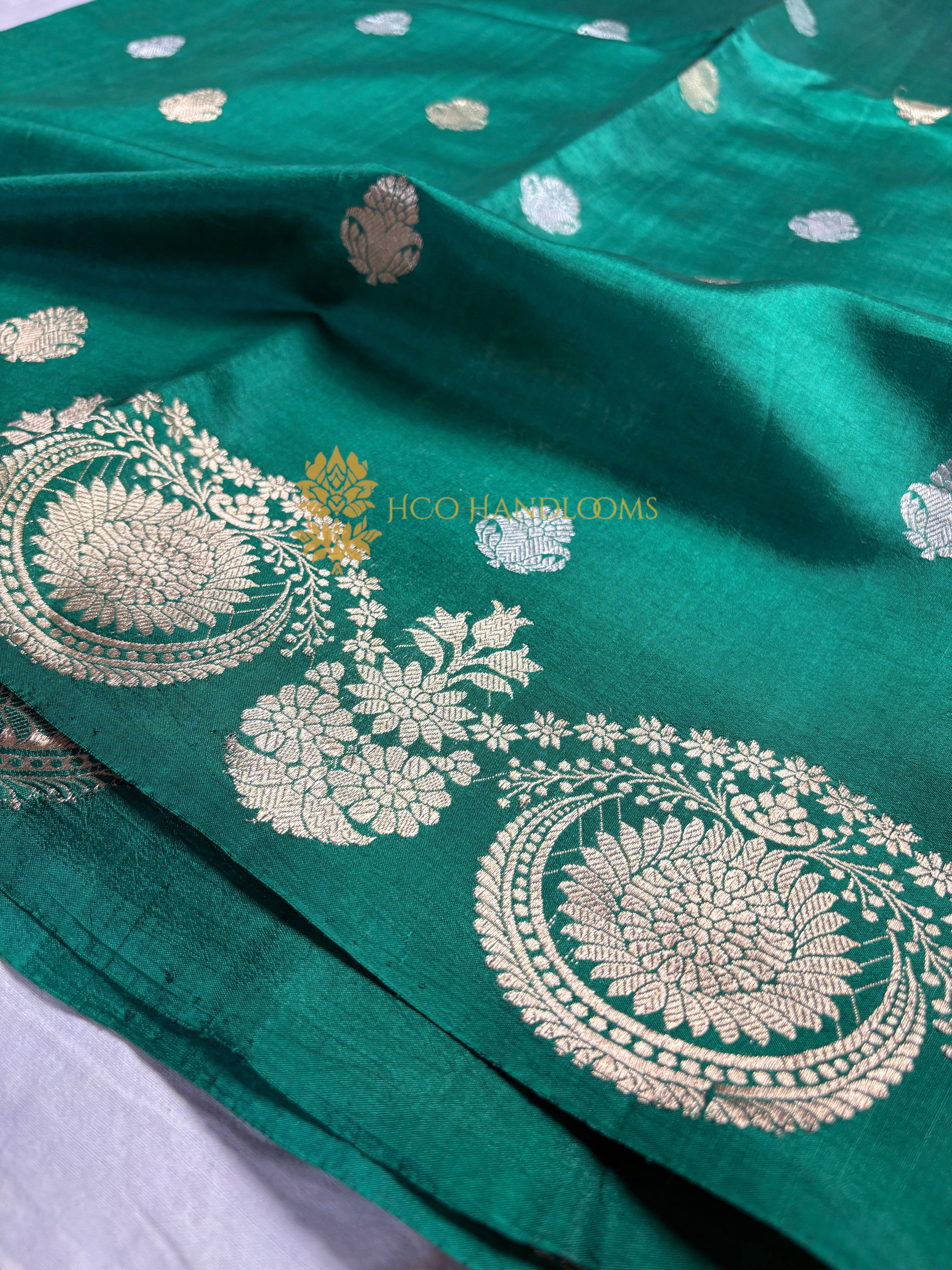 Turquoise Pure Mango Katan Silk Handloom Banarasi Saree - All Over Floral Motifs