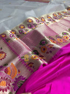 Pure Kora Silk Handloom Banarasi Saree - All Over Kadhua Motifs Meenakari Border