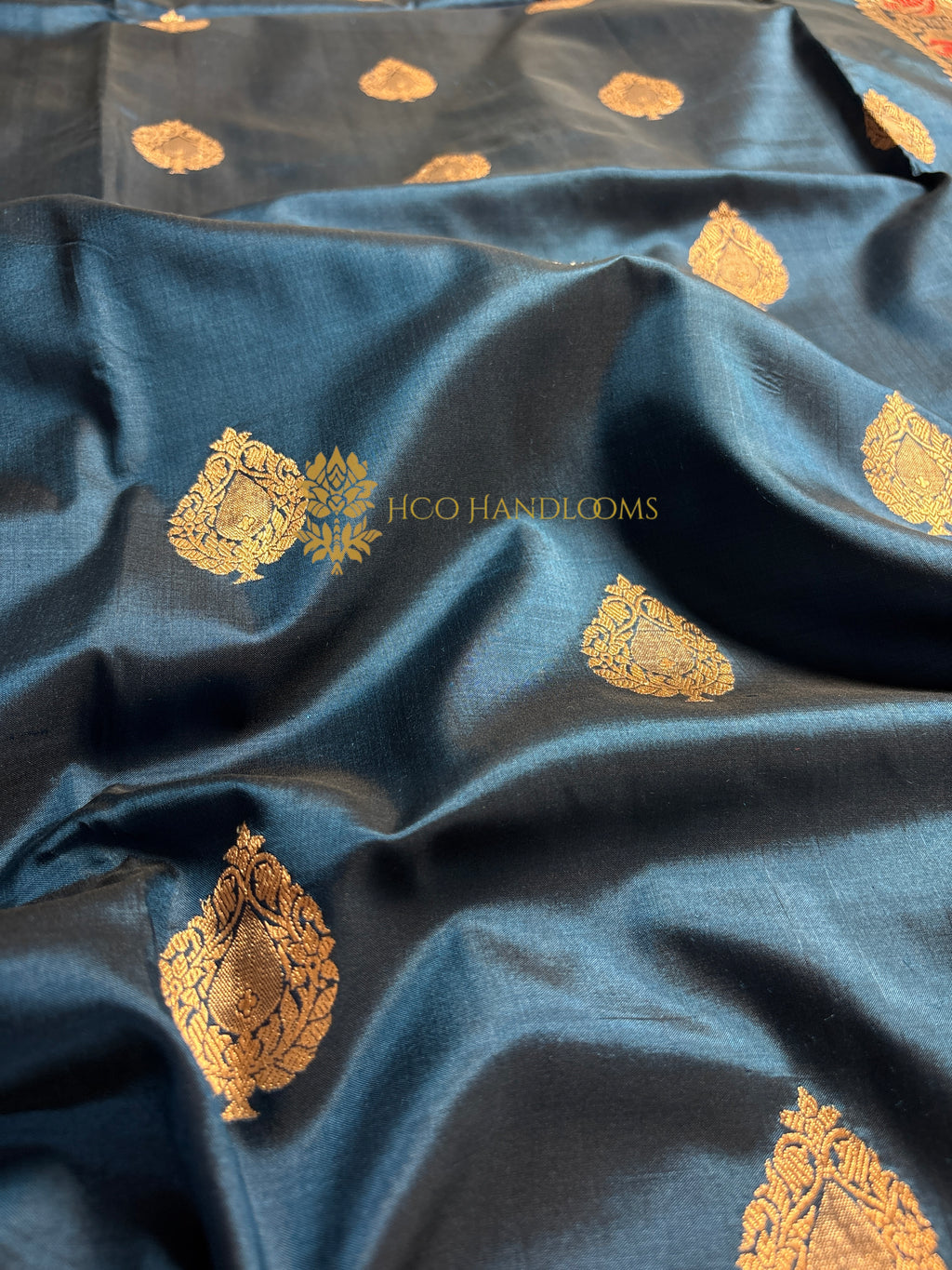 German Blue Pure Mango Katan Silk Handloom Meenakari Banarasi Saree - All Over Kadhua Motifs