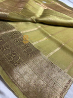 Dusty Pista Pure Kora Silk Handloom Banarasi Saree - All Over Kadhua Motifs