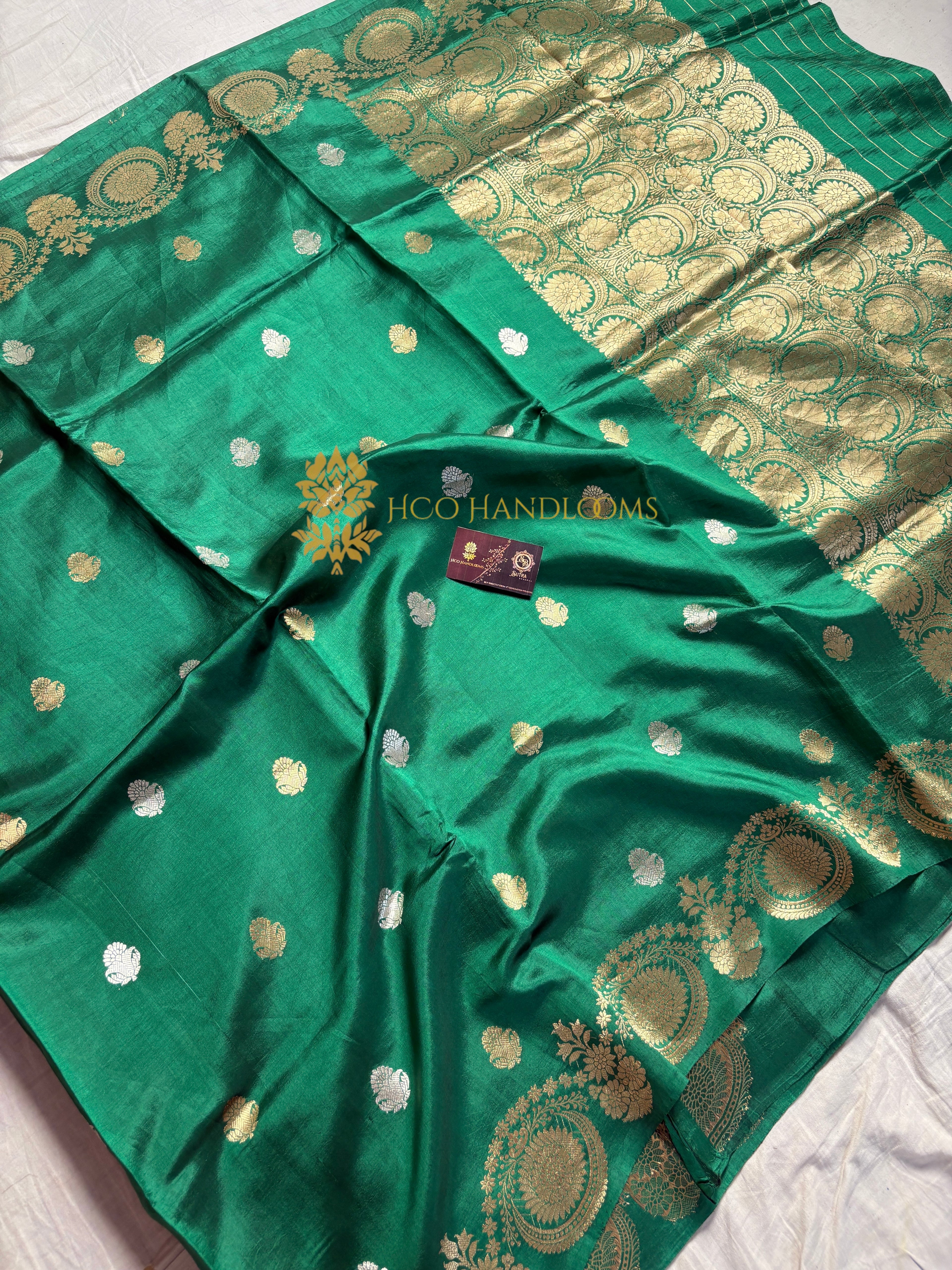 Turquoise Pure Mango Katan Silk Handloom Banarasi Saree - All Over Floral Motifs