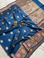 German Blue Pure Mango Katan Silk Handloom Meenakari Banarasi Saree - All Over Kadhua Motifs