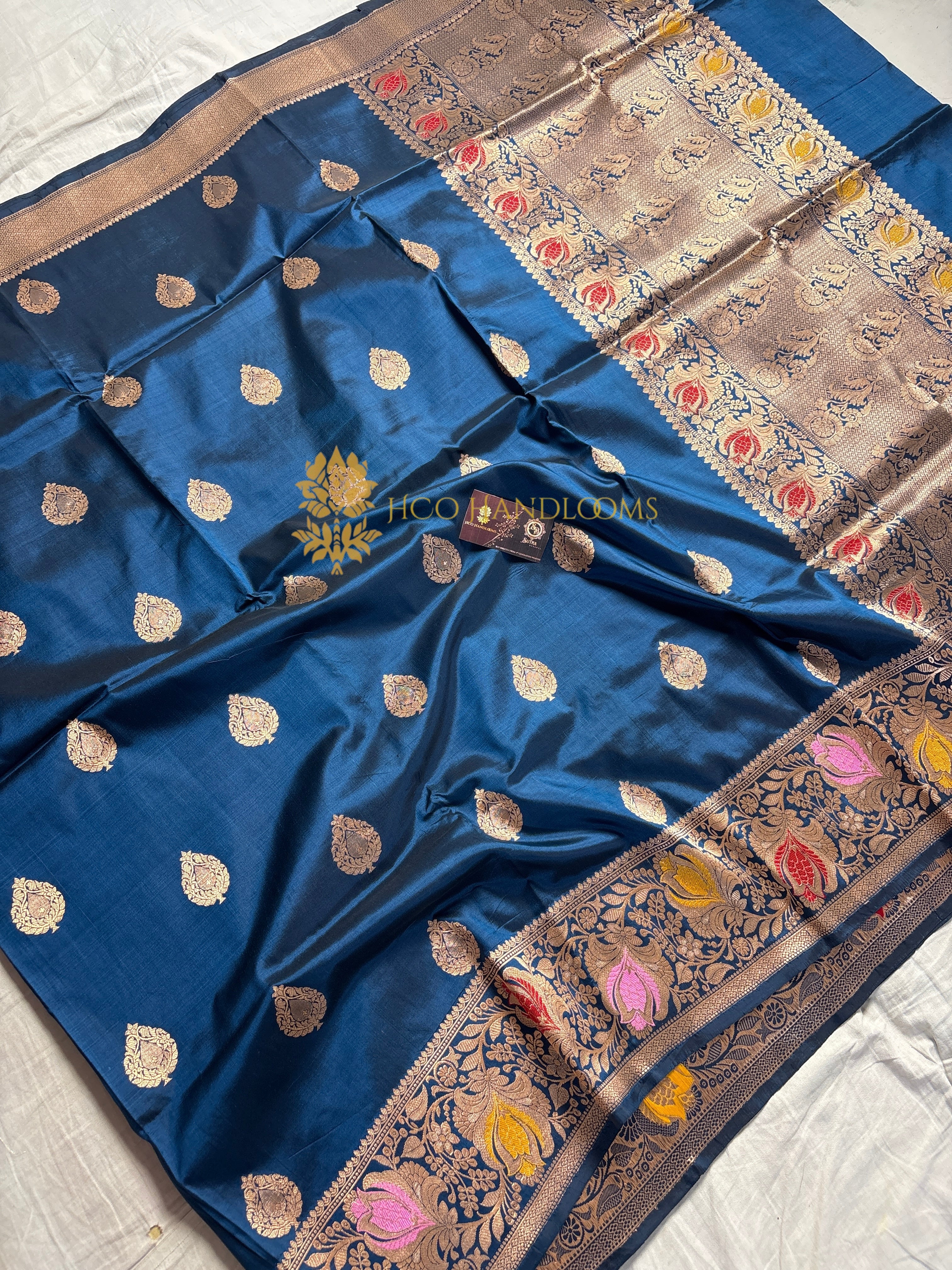 German Blue Pure Mango Katan Silk Handloom Meenakari Banarasi Saree - All Over Kadhua Motifs