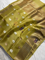 Dusty Pista Pure Kora Silk Handloom Banarasi Saree - All Over Kadhua Motifs