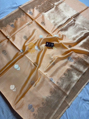 Peach Pure Mango Katan Silk Handloom Banarasi Saree - All Over Kadhua Motifs