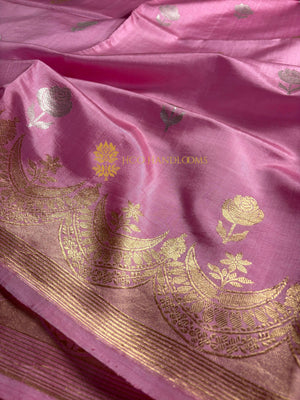 Pink Pure Raw Mango Silk Handloom Banarasi Saree - All Over Kadhua Motifs