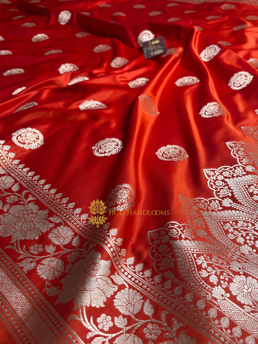 Orangey Red Premium Mashru Katan Silk Boota Banarasi Saree