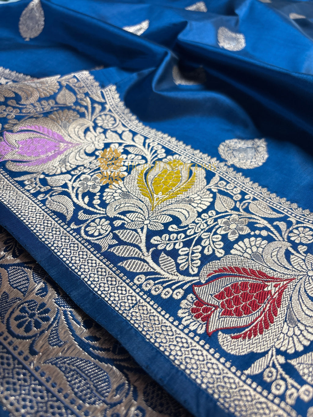 German Blue Pure Mango Katan Silk Handloom Meenakari Banarasi Saree - All Over Kadhua Motifs