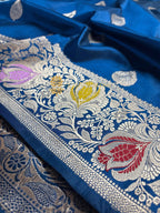 German Blue Pure Mango Katan Silk Handloom Meenakari Banarasi Saree - All Over Kadhua Motifs