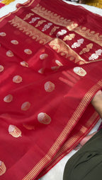 Regal Red Pure Kora Silk Handloom Banarasi Saree - All Over Kadhua Motifs