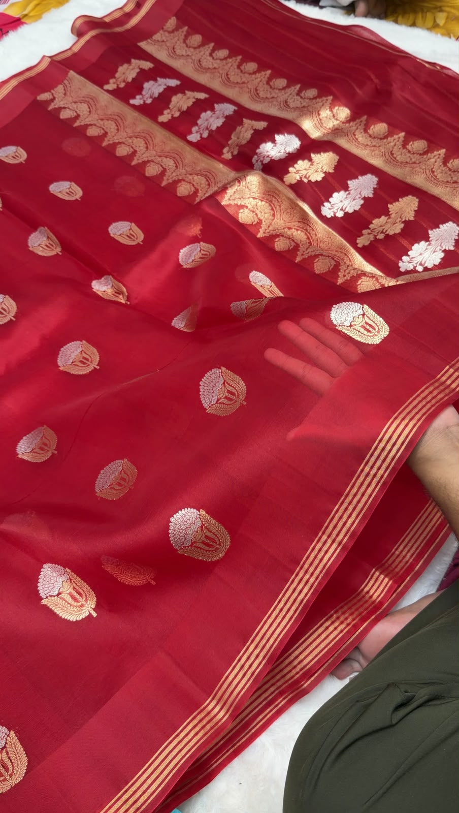 Regal Red Pure Kora Silk Handloom Banarasi Saree - All Over Kadhua Motifs