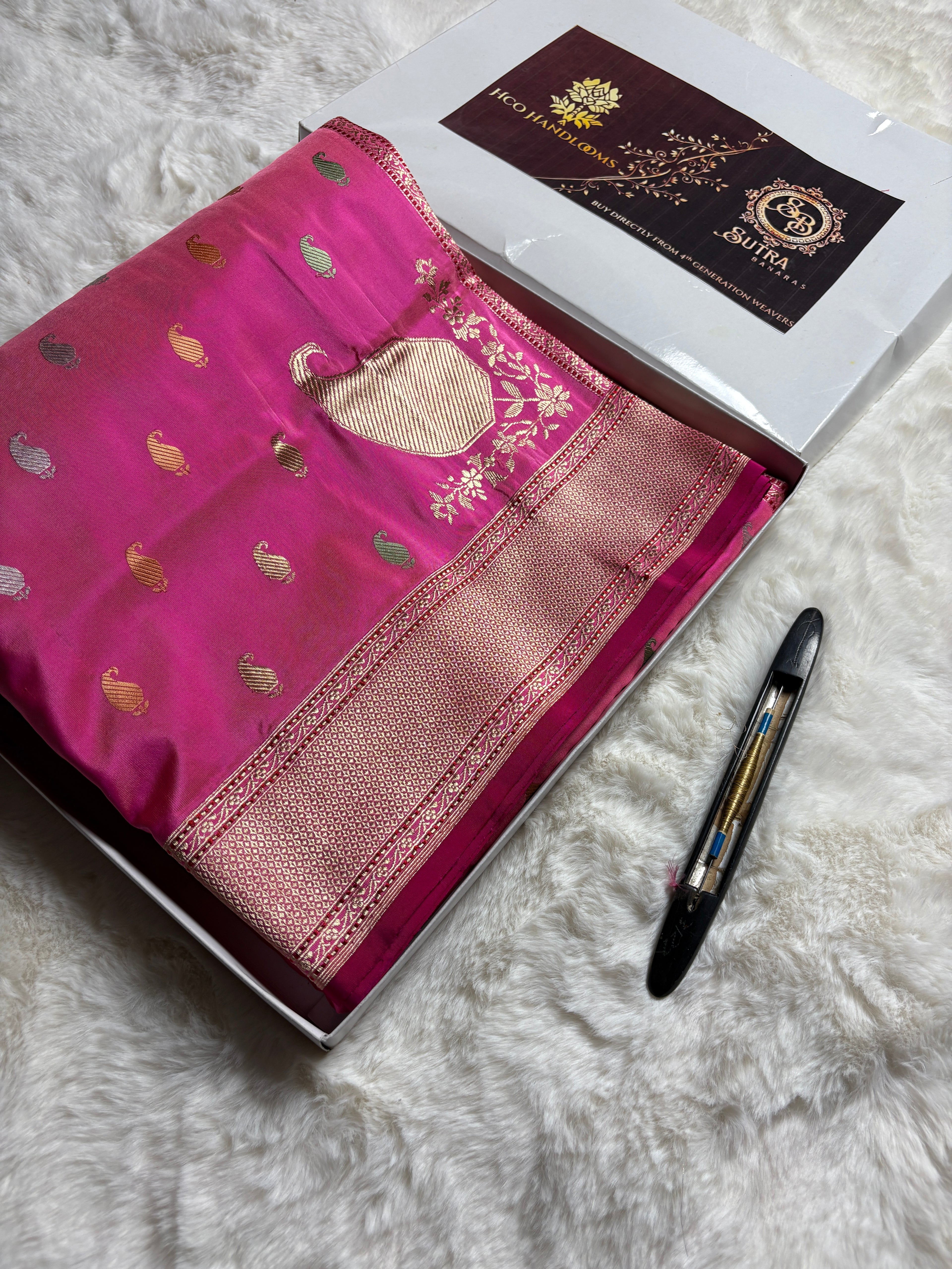 Pure Katan Silk Handloom Banarasi Saree - All Over Kadhua Motifs with Konya