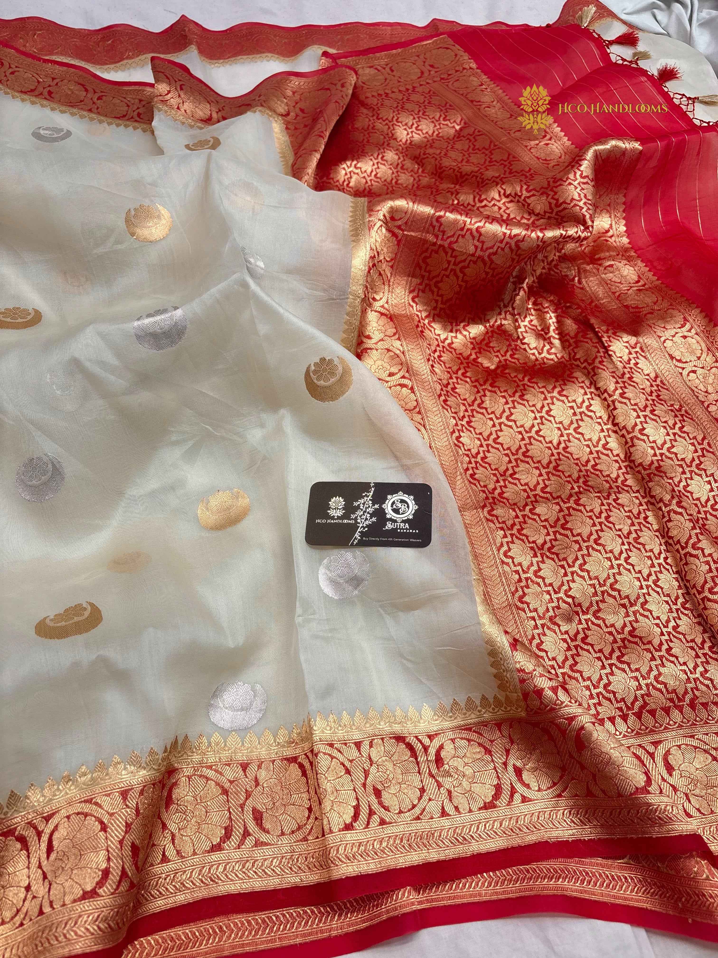 Pure Kora Silk Handloom Banarasi Saree - All Over Kadhua Chaand Tara Motifs