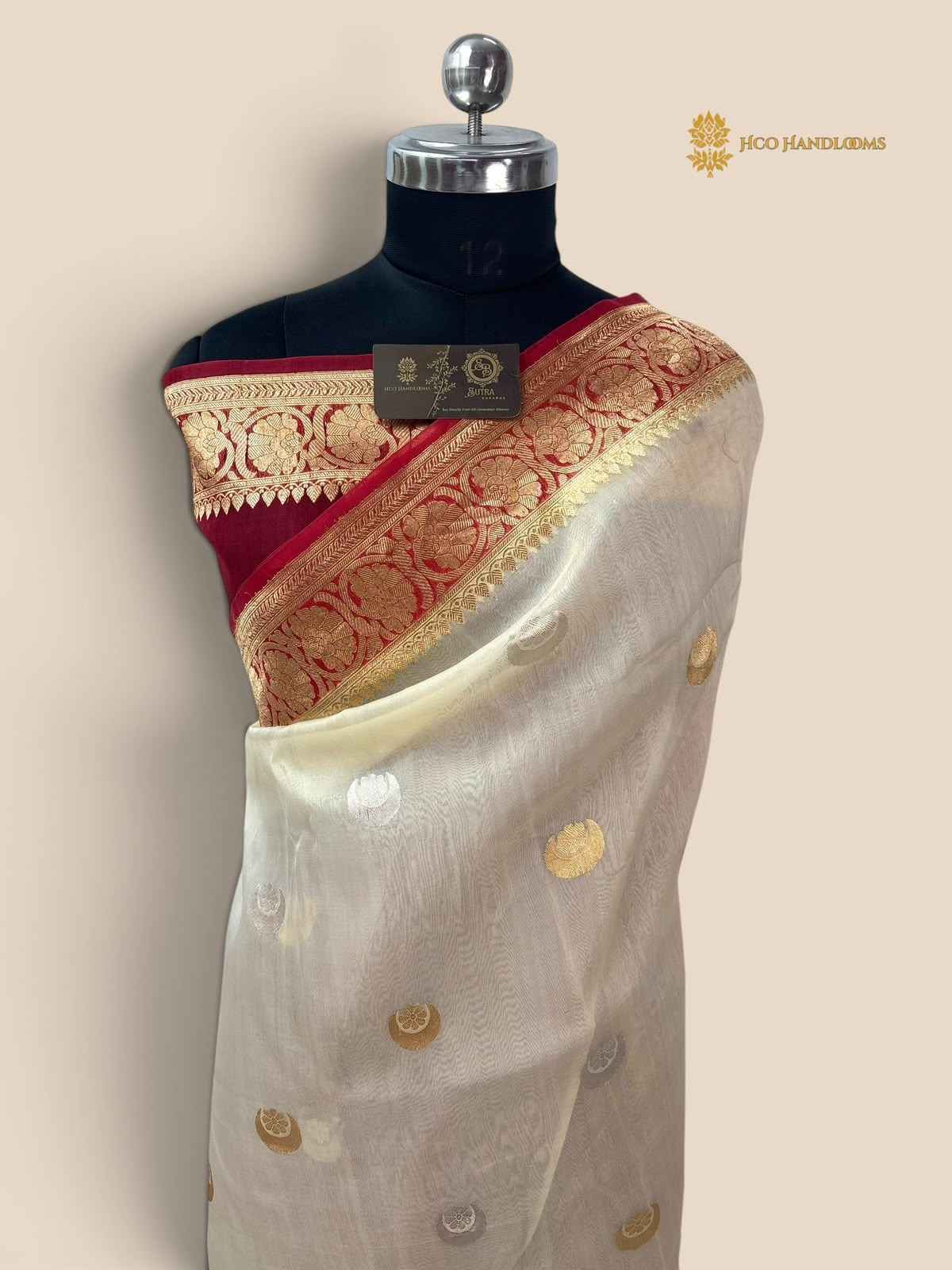Pure Kora Silk Handloom Banarasi Saree - All Over Kadhua Chaand Tara Motifs