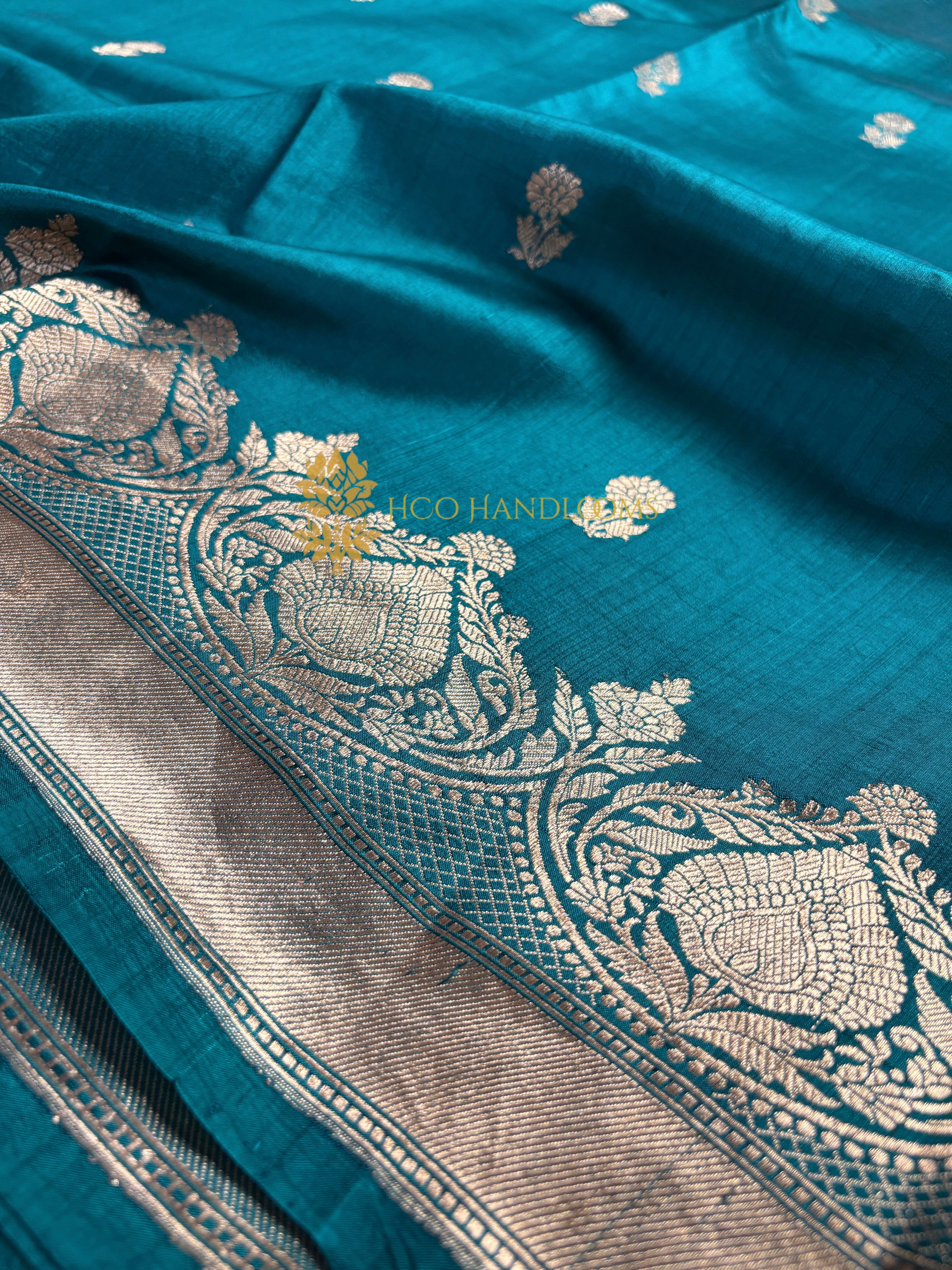 Teal Green Pure Mango Katan Silk Handloom Banarasi Saree - All Over Floral Motifs