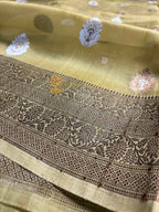 Dusty Pista Pure Kora Silk Handloom Banarasi Saree - All Over Kadhua Motifs