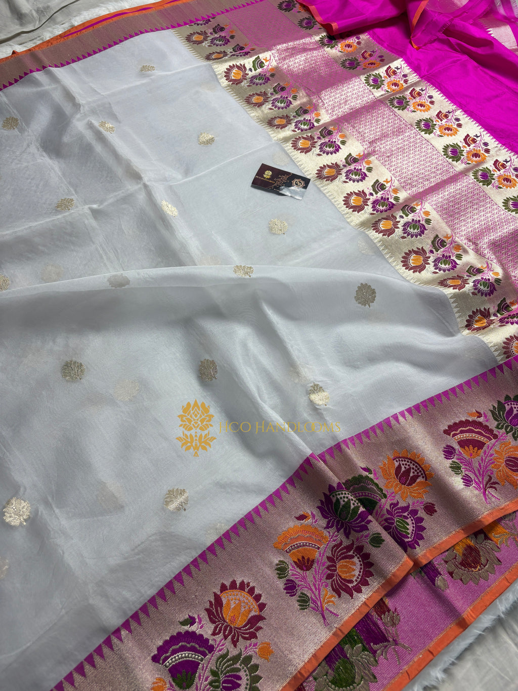 Pure Kora Silk Handloom Banarasi Saree - All Over Kadhua Motifs Meenakari Border