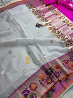 Pure Kora Silk Handloom Banarasi Saree - All Over Kadhua Motifs Meenakari Border