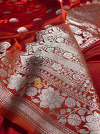 Orangey Red Premium Mashru Katan Silk Boota Banarasi Saree