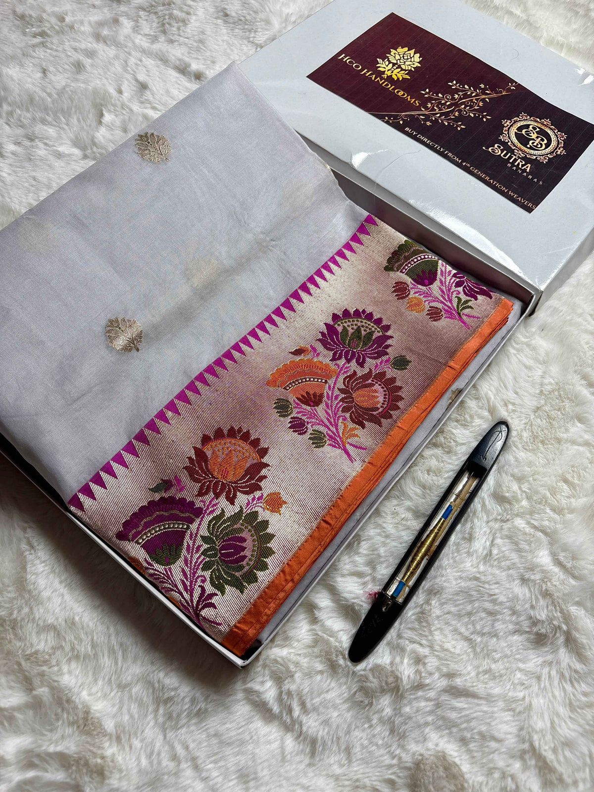 Pure Kora Silk Handloom Banarasi Saree - All Over Kadhua Motifs Meenakari Border